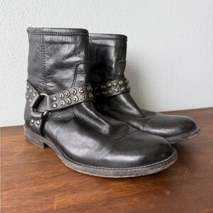 Frye black leather Phillip Studded Harness ankle boots Women’s size 8